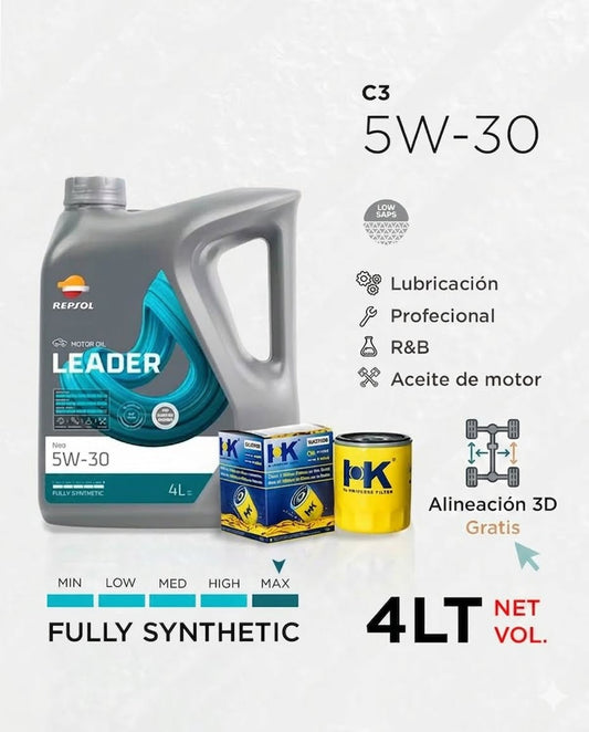 CAMBIO DE ACEITE REPSOL 5W/30 ELITE C2/C3 5LT+ FILTRO DE TARRO Y ALINEACION GRATIS
