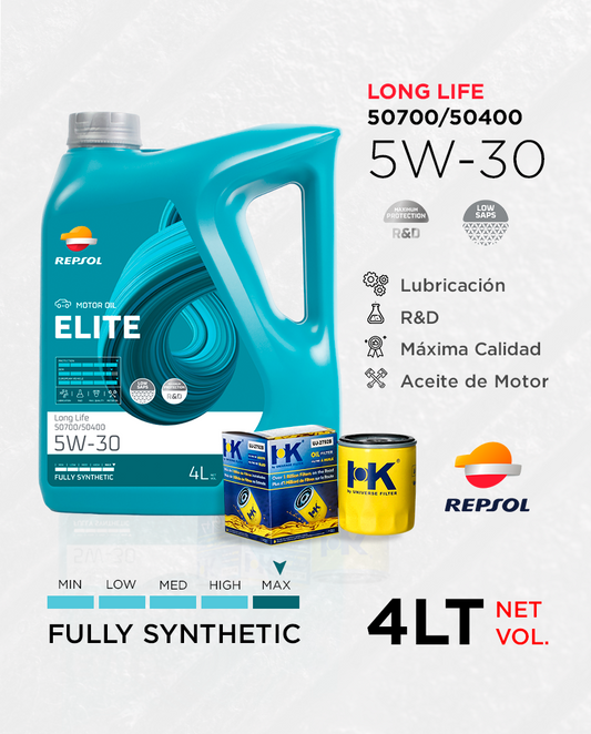 CAMBIO DE ACEITE REPSOL ELITE (LONG LIFE) 5W30 4LT [Incluye Filtro de Lata]